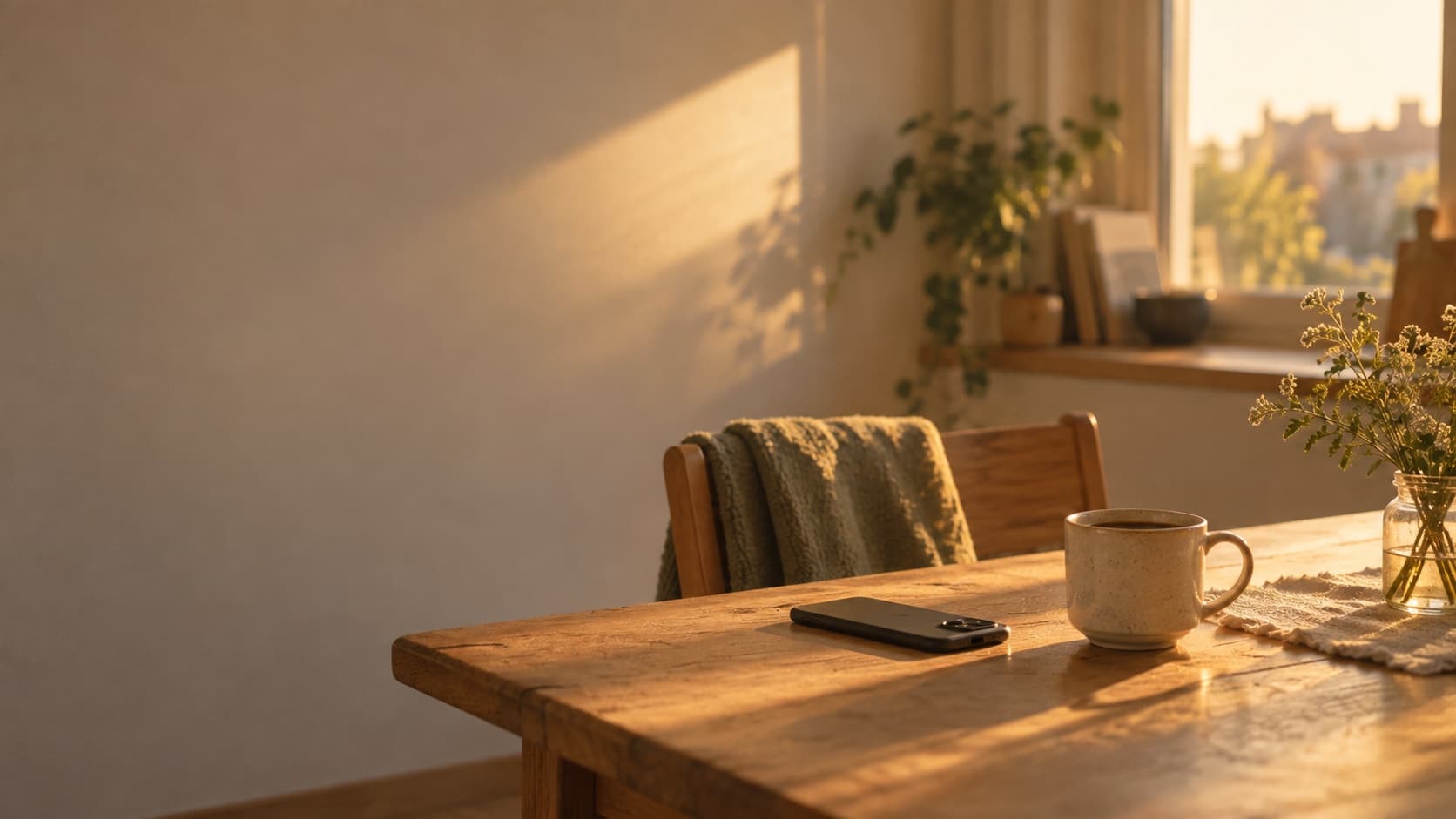 A kitchen table in soft morning light, a cup of coffee and a phone face down