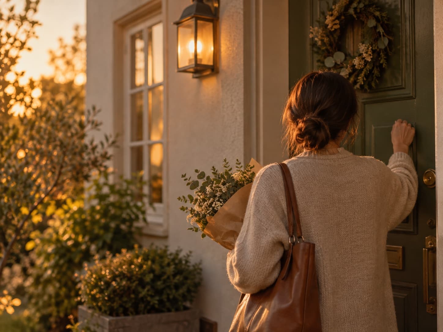 A woman at a front door in evening light, flowers in one hand, about to knock