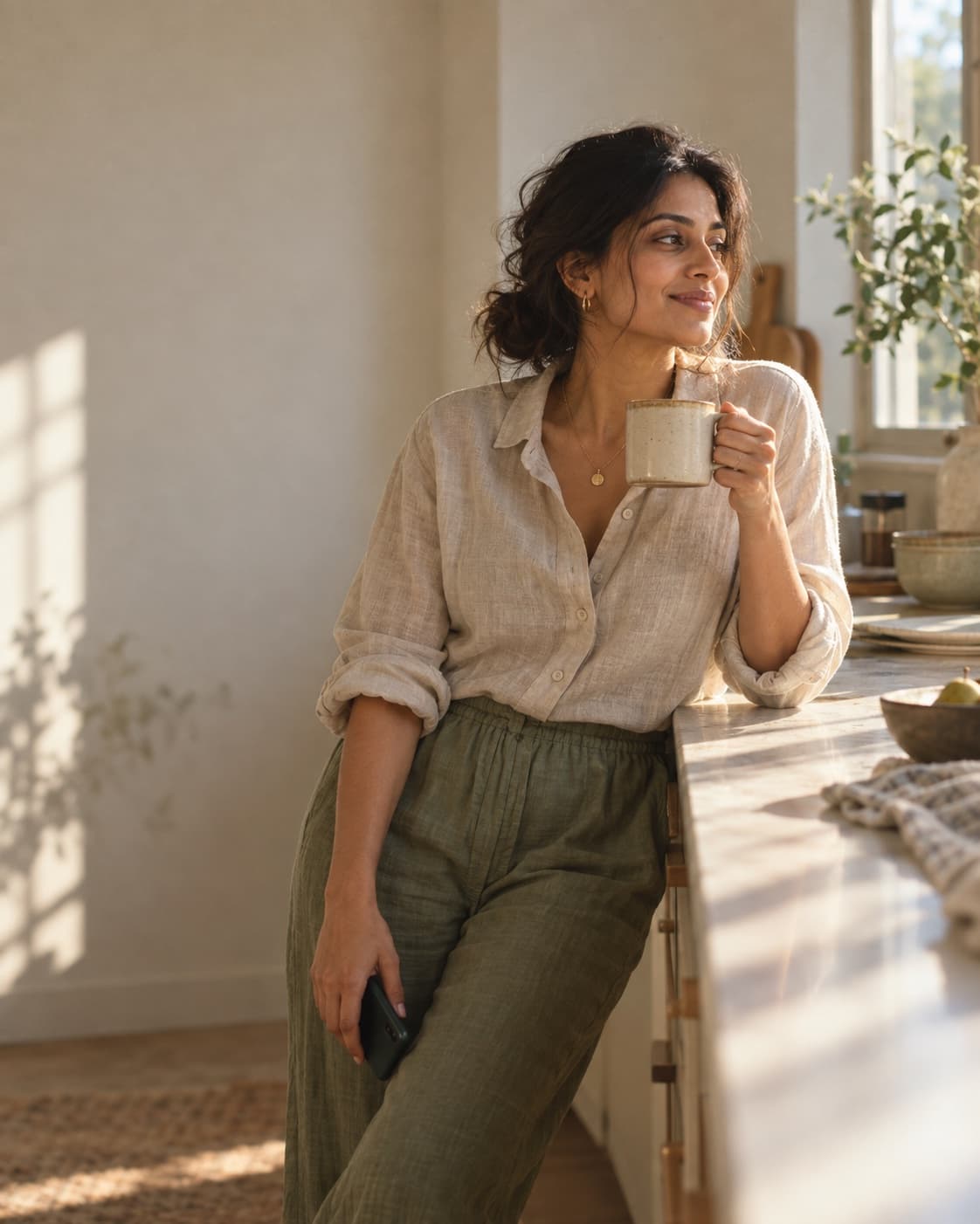 A woman in a sunlit kitchen with a cup of coffee, smiling as she looks out the window