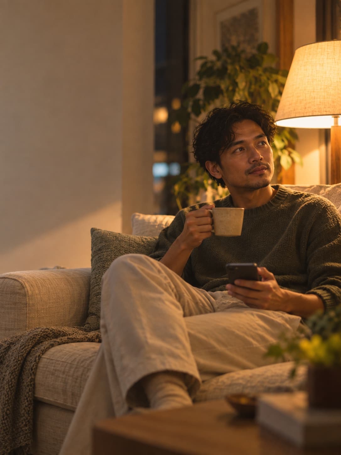 A man on a sofa in the evening with a cup of tea and his phone, thinking