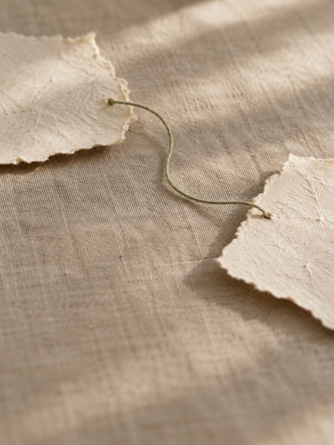Two pieces of handmade paper joined by a loose sage green thread