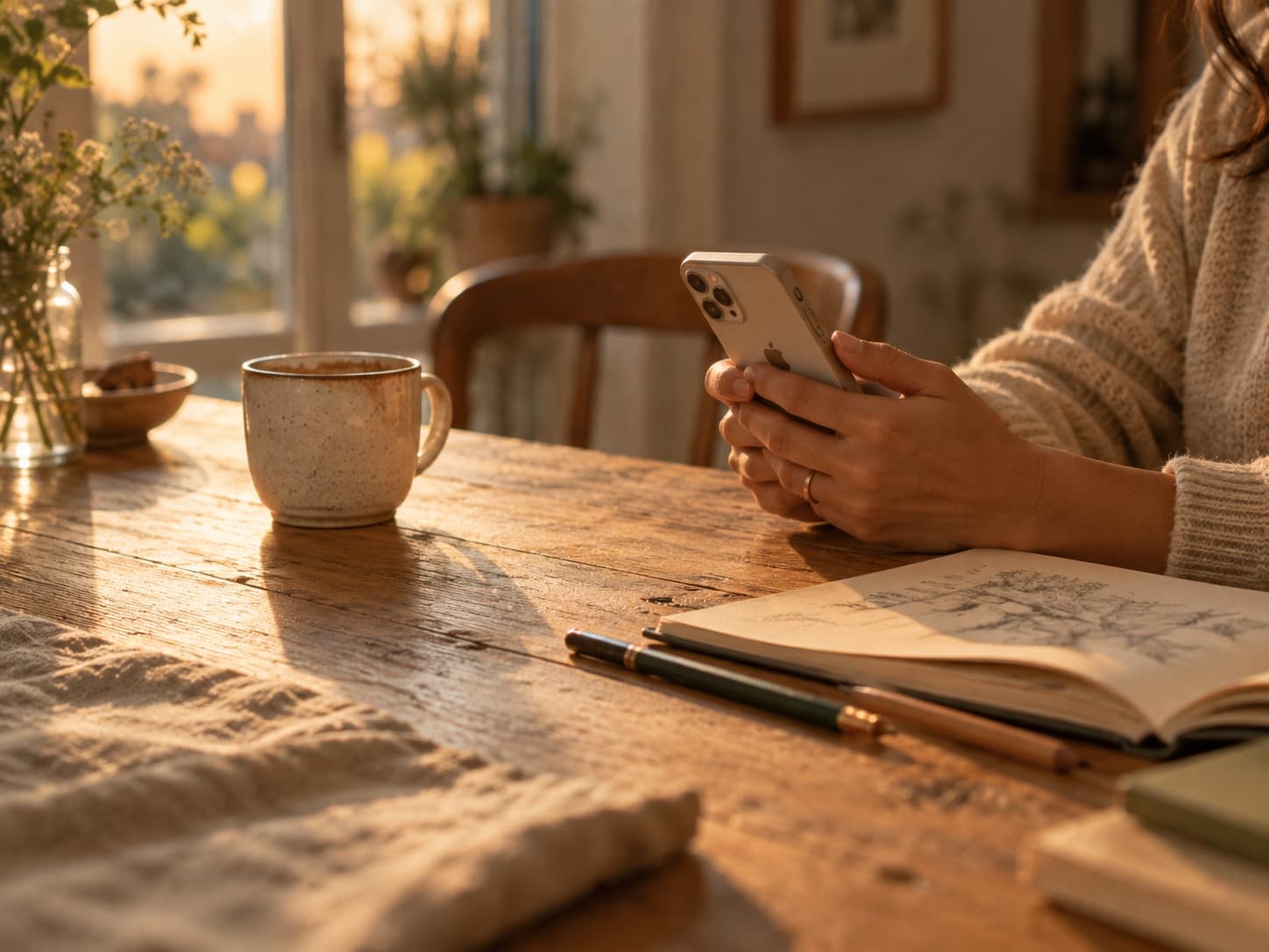 Hands holding a phone at a kitchen table beside an open sketchbook and pencils