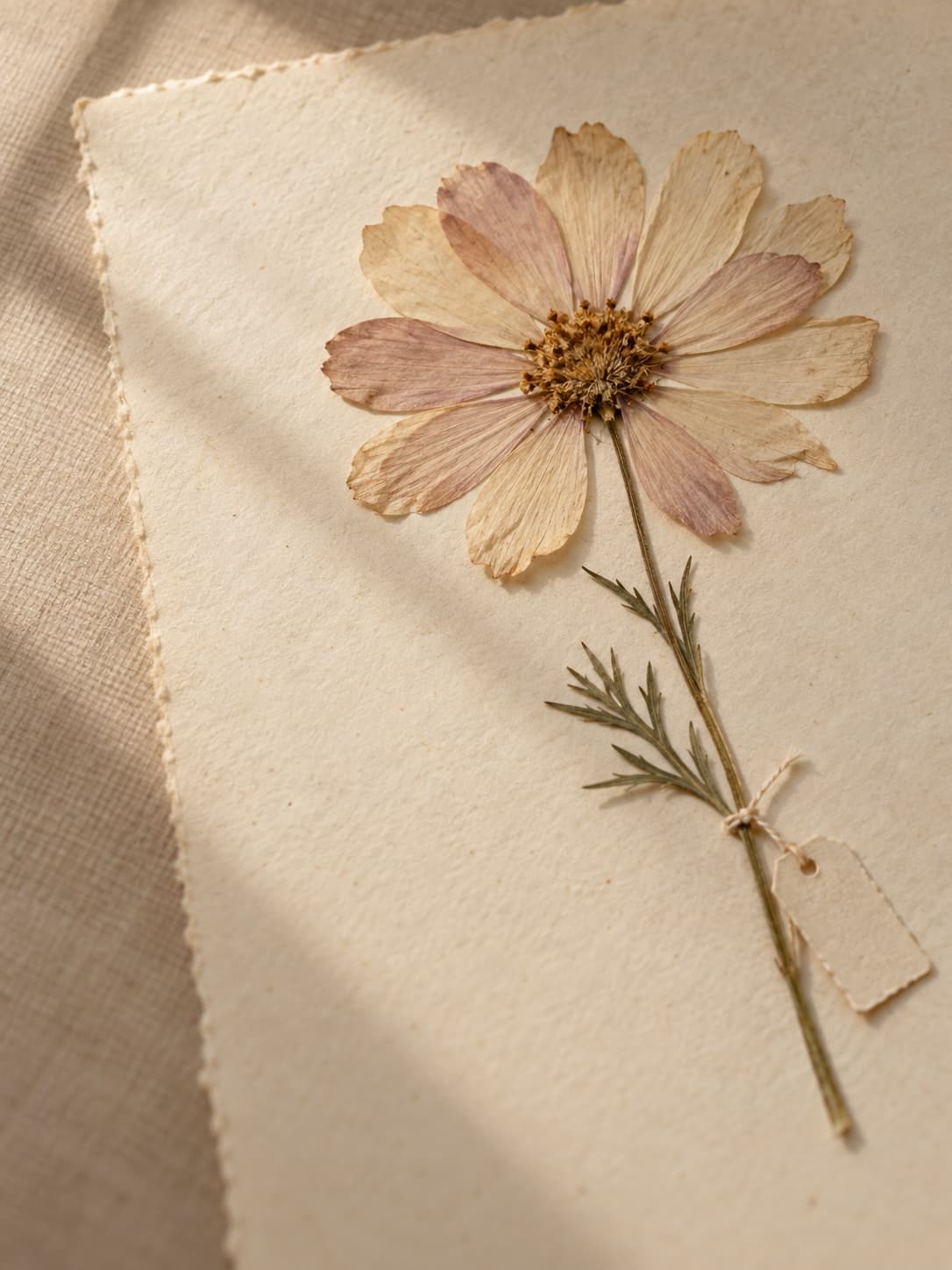 A pressed flower on cream paper with a small blank tag